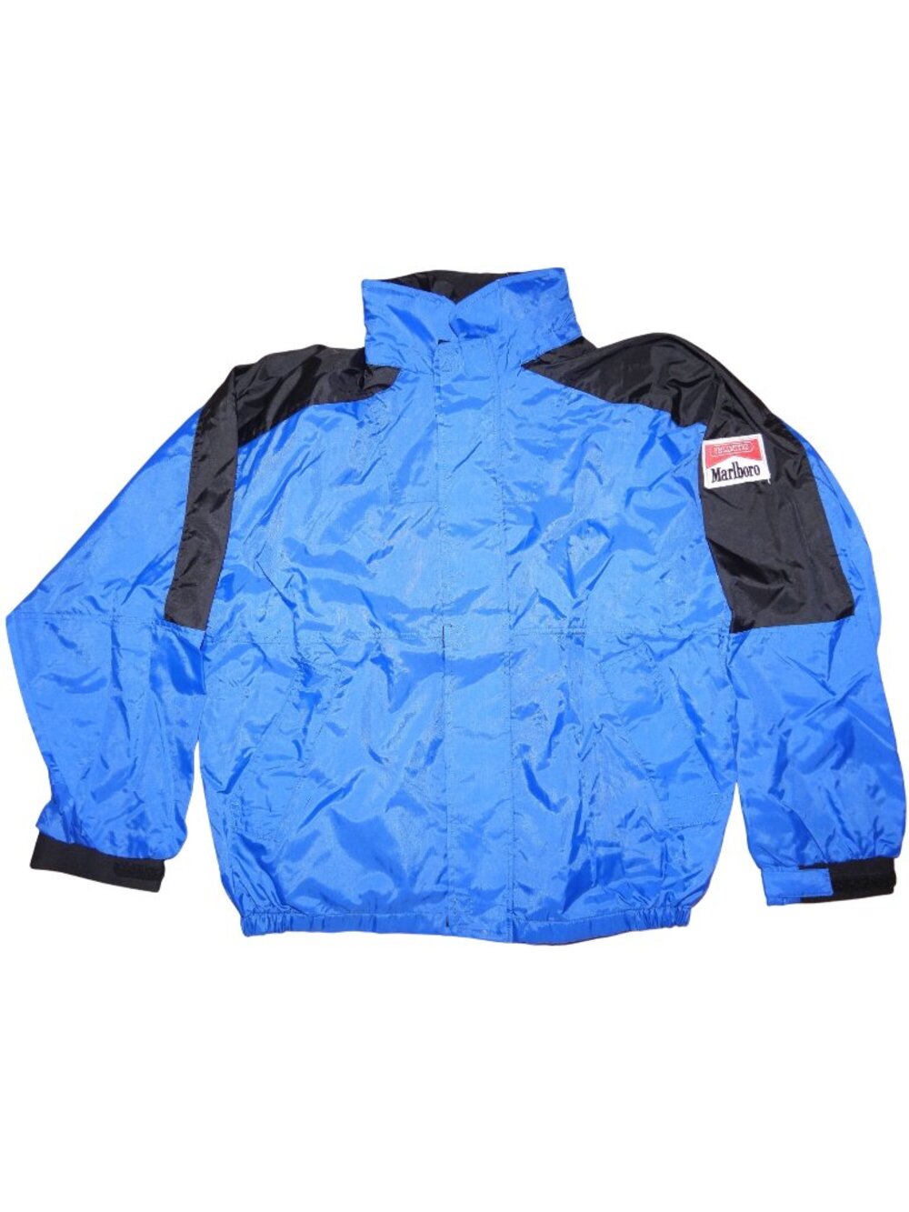 NWOT Vintage 90s Marlboro Unlimited Windbreaker Jacket XL Blue Packable Hood